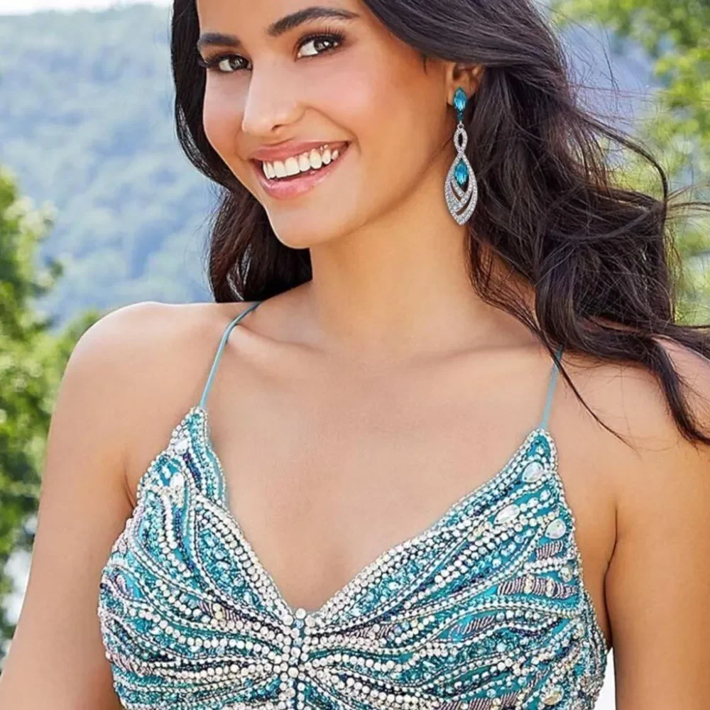 Silver with Blue Topaz and Diamond Austrian Crystal Twisted Chandelier Earrings